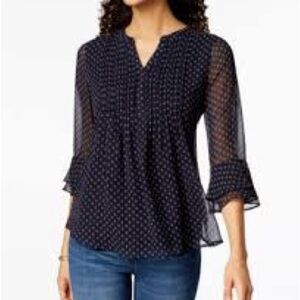 Charter Club Women's Printed Pintuck Top Womens Navy Size PL